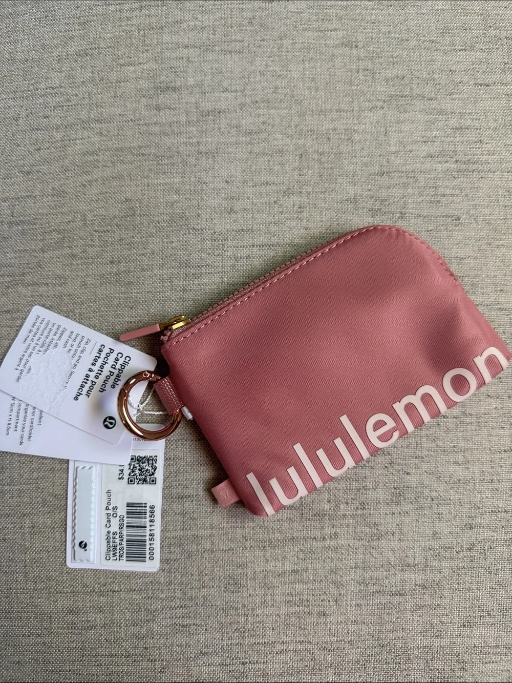 lululemon Clippable Card Pouch Rose Gold Pink Zip Key Pouch Wallet with Ring